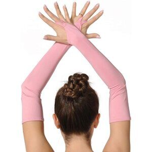 Women's Pink Finger Loop Fingerless Elbow Length Long Satin Gloves Cosplay